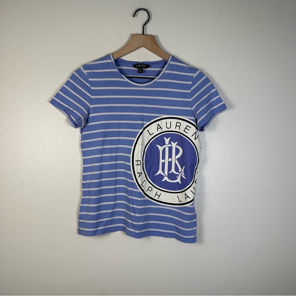 LAUREN RALPH LAUREN Women Small Preppy Striped Graphic Logo Cotton-Blend Tee - Picture 2 of 8